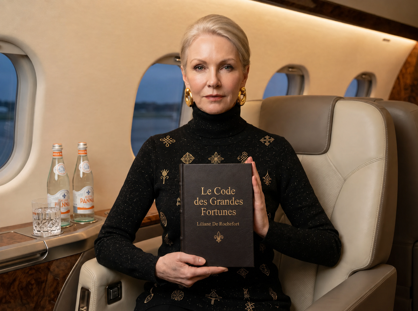 Liliane De Rochefort présentant Le Code des Grandes Fortunes à bord d'un jet privé